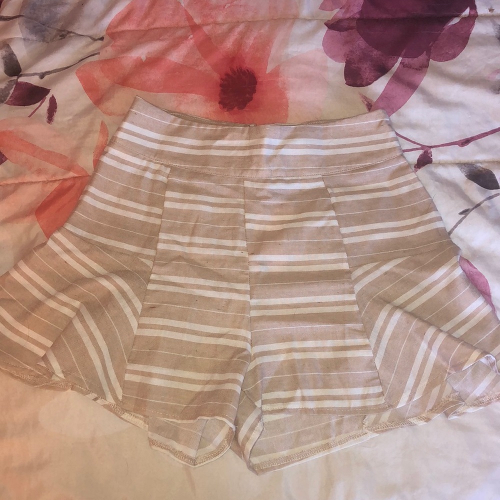 Tan striped flared shorts